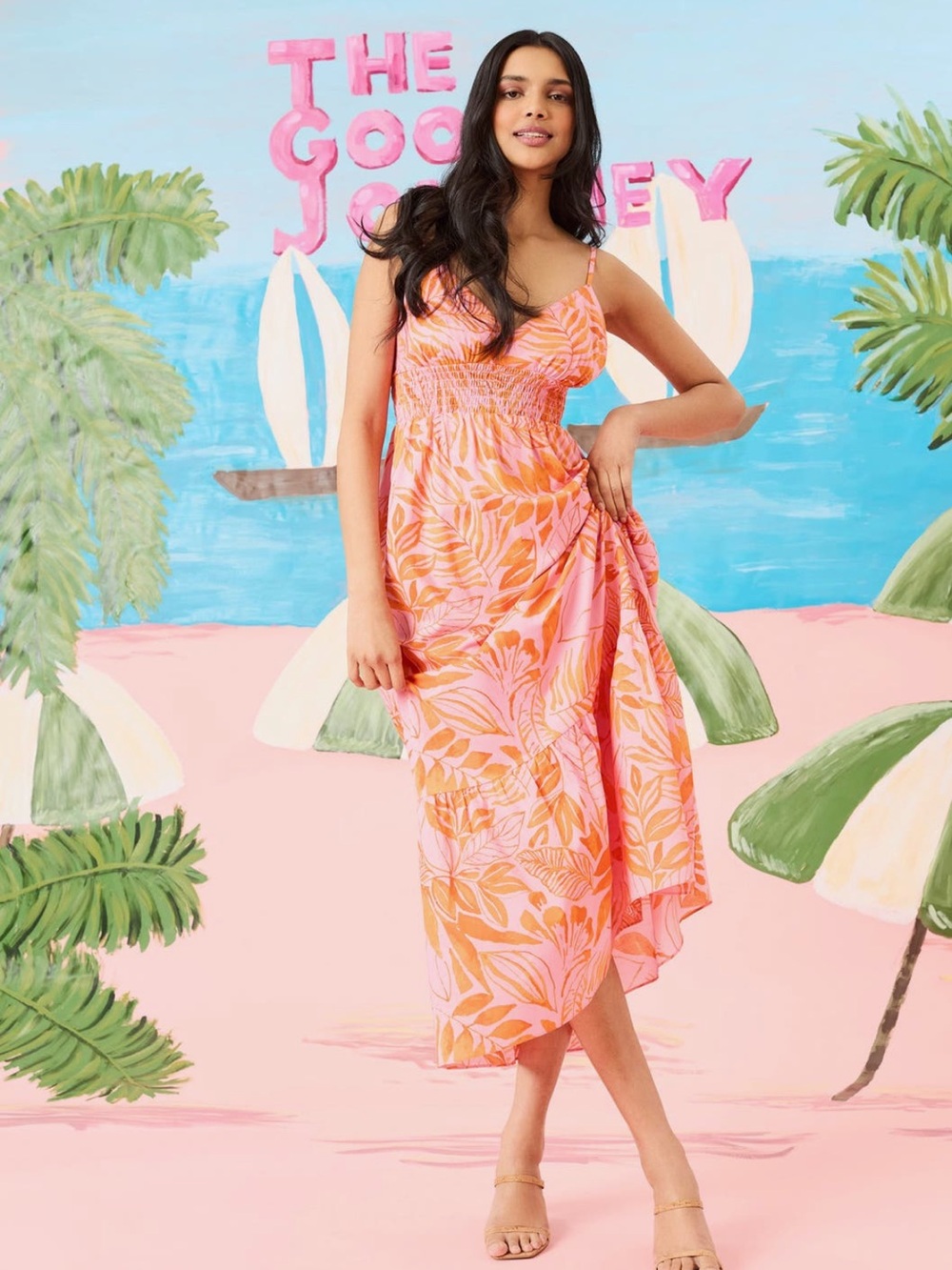 NWOT The Good Journey Pink & Orange Tropical Print Midi Dress